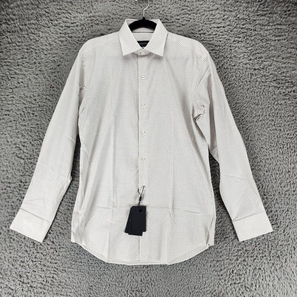 Bugatchi Shirt Mens 15 White & Tan Plaid Comfort Stretch Button Up *NWT*